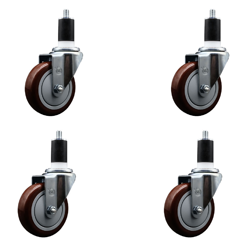 Stainless Steel Polyurethane Swivel Expanding Stem Caster Set of 4 with 4 Inch Maroon Wheels and 1-1/2" Stems - Includes 4 Swivel - 350 lbs. Capacity Per Caster - Service Caster Brand — photo 1