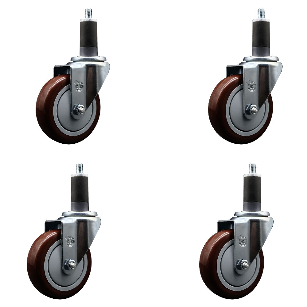 Stainless Steel Polyurethane Swivel Expanding Stem Caster Set of 4 with 4 Inch Maroon Wheels and 1-1/4" Stems - Includes 4 Swivel - 350 lbs. Capacity Per Caster - Service Caster Brand — photo 1