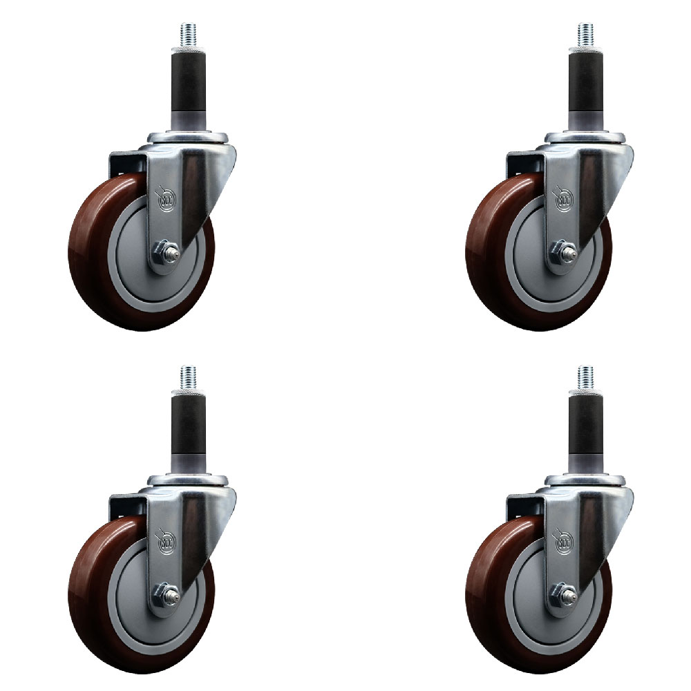 Stainless Steel Polyurethane Swivel Expanding Stem Caster Set of 4 with 4 Inch Maroon Wheels and 1-1/8" Stems - Includes 4 Swivel - 350 lbs. Capacity Per Caster - Service Caster Brand — photo 1