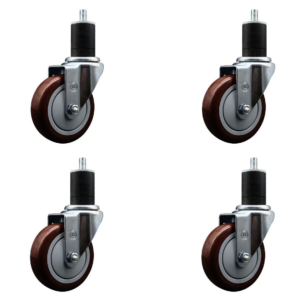 Polyurethane Swivel Expanding Stem Caster Set of 4 with 4 Inch Maroon Wheels and 1-3/4" Stems - 350 lbs. Capacity Per Caster - Service Caster Brand — photo 1