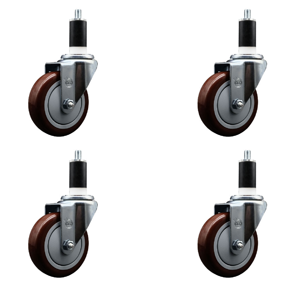 Polyurethane Swivel Expanding Stem Caster Set of 4 with 4 Inch Maroon Wheels and 1-3/8" Stems - 350 lbs. Capacity Per Caster - Service Caster Brand — photo 1