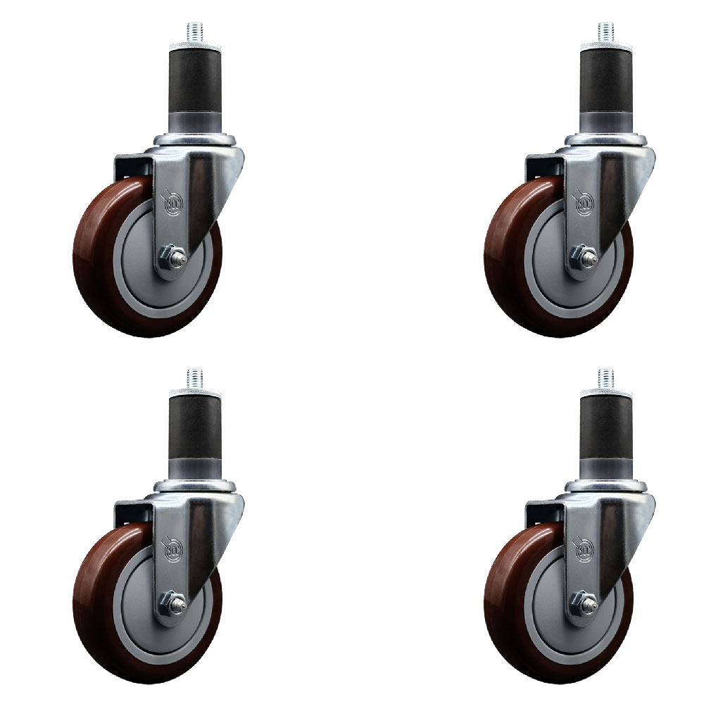 Stainless Steel Polyurethane Swivel Expanding Stem Caster Set of 4 with 4 Inch Maroon Wheels and 1-5/8" Stems - Includes 4 Swivel - 350 lbs. Capacity Per Caster - Service Caster Brand — photo 1
