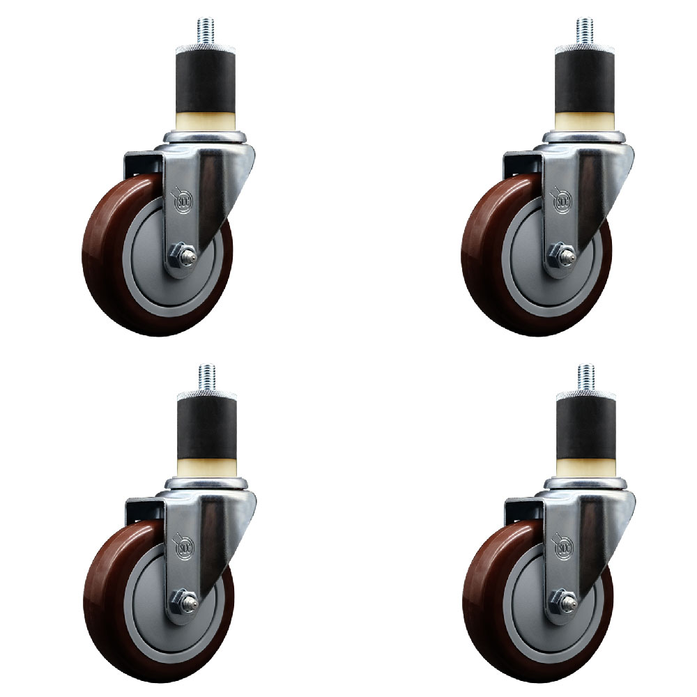 Polyurethane Swivel Expanding Stem Caster Set of 4 with 4 Inch Maroon Wheels and 1-7/8" Stems - 350 lbs. Capacity Per Caster - Service Caster Brand — photo 1