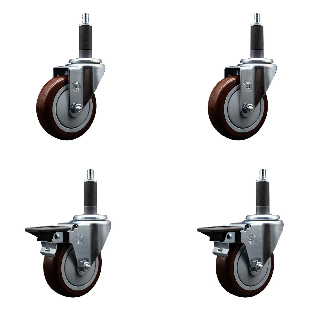 Polyurethane Swivel Expanding Stem Caster Set of 4 with 4 Inch Maroon Wheels and 1" Stems - Includes 2 with Posi Locking Brakes - 1400 lbs Total Capacity - Service Caster Brand — photo 1