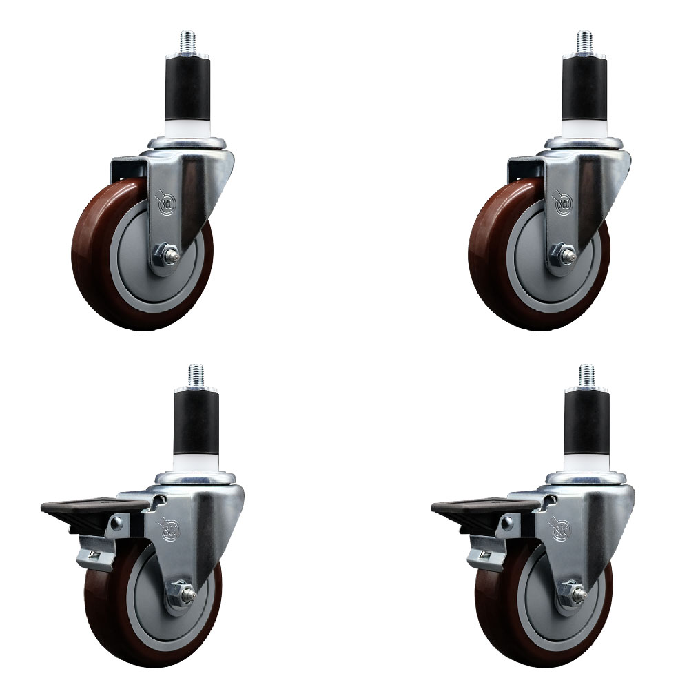 Polyurethane Swivel Expanding Stem Caster Set of 4 with 4 Inch Maroon Wheels and 1-1/2" Stems - Includes 2 with Posi Locking Brakes - 1400 lbs Total Capacity - Service Caster Brand — photo 1