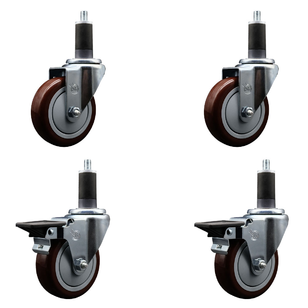 Polyurethane Swivel Expanding Stem Caster Set of 4 with 4 Inch Maroon Wheels and 1-1/4" Stems - Includes 2 with Posi Locking Brakes - 1400 lbs Total Capacity - Service Caster Brand — photo 1