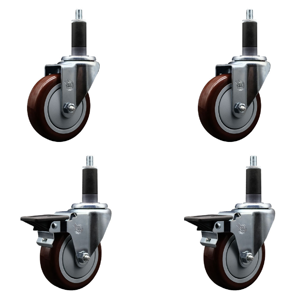 Polyurethane Swivel Expanding Stem Caster Set of 4 with 4 Inch Maroon Wheels and 1-1/8" Stems - Includes 2 with Posi Locking Brakes - 1400 lbs Total Capacity - Service Caster Brand — photo 1