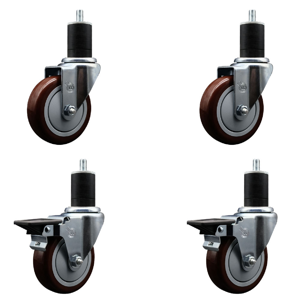 Polyurethane Swivel Expanding Stem Caster Set of 4 with 4 Inch Maroon Wheels and 1-3/4" Stems - Includes 2 with Posi Locking Brakes - 1400 lbs Total Capacity - Service Caster Brand — photo 1