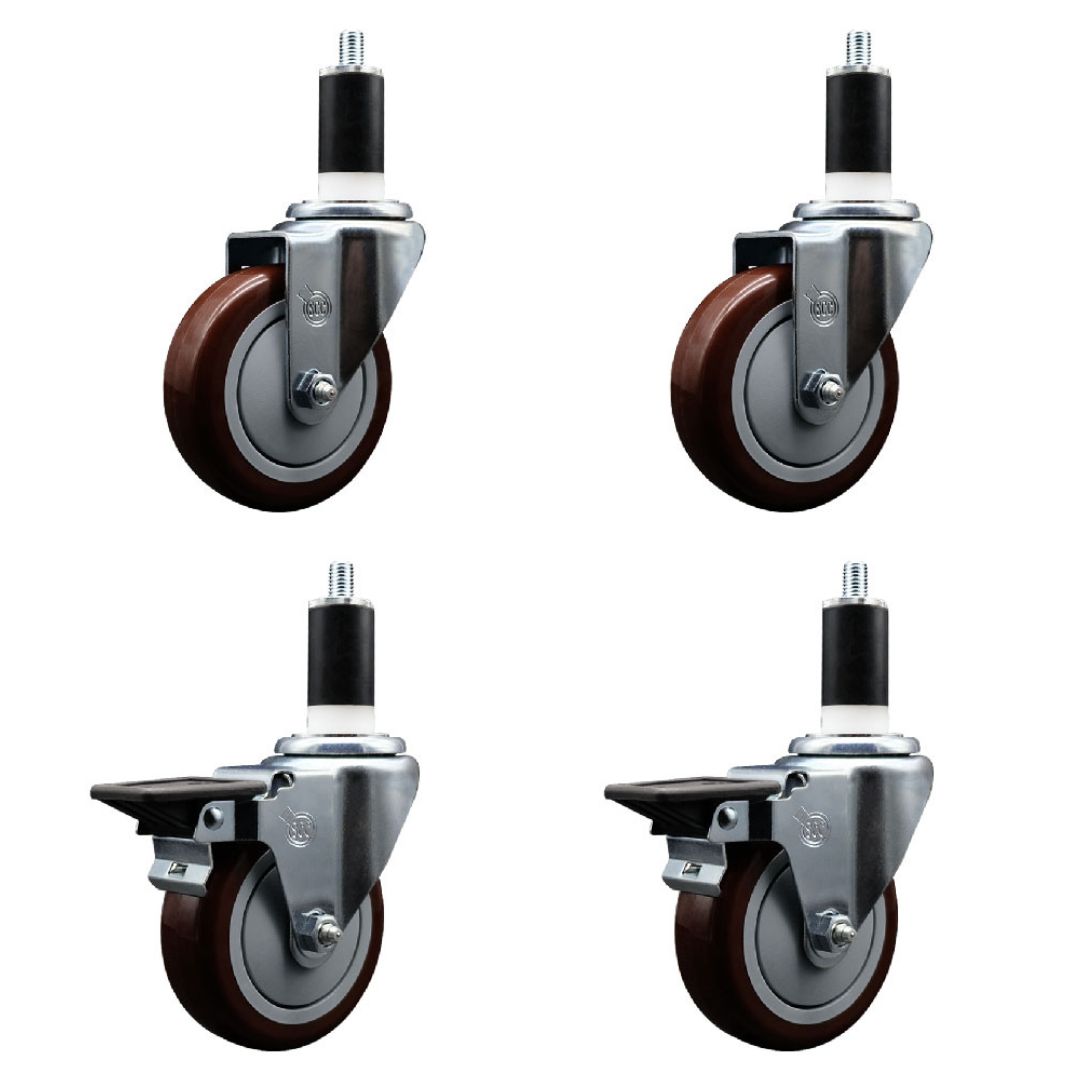 Polyurethane Swivel Expanding Stem Caster Set of 4 with 4 Inch Maroon Wheels and 1-3/8" Stems - Includes 2 with Posi Locking Brakes - 1400 lbs Total Capacity - Service Caster Brand — photo 1