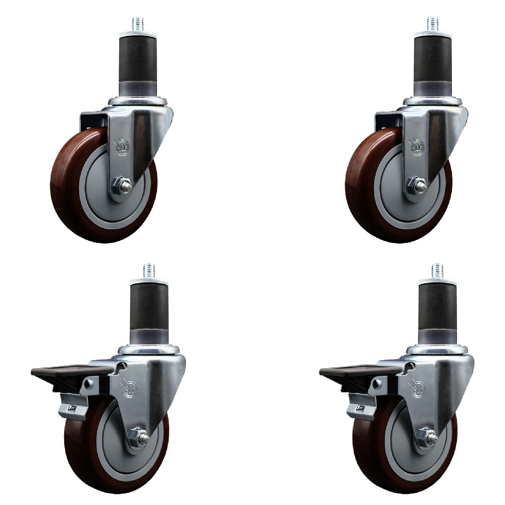 Polyurethane Swivel Expanding Stem Caster Set of 4 with 4 Inch Maroon Wheels and 1-5/8" Stems - Includes 2 with Posi Locking Brakes - 1400 lbs Total Capacity - Service Caster Brand — photo 1