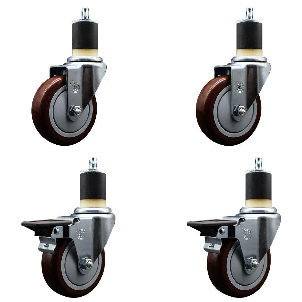 Polyurethane Swivel Expanding Stem Caster Set of 4 with 4 Inch Maroon Wheels and 1-7/8" Stems - Includes 2 with Posi Locking Brakes - 1400 lbs Total Capacity - Service Caster Brand — photo 1