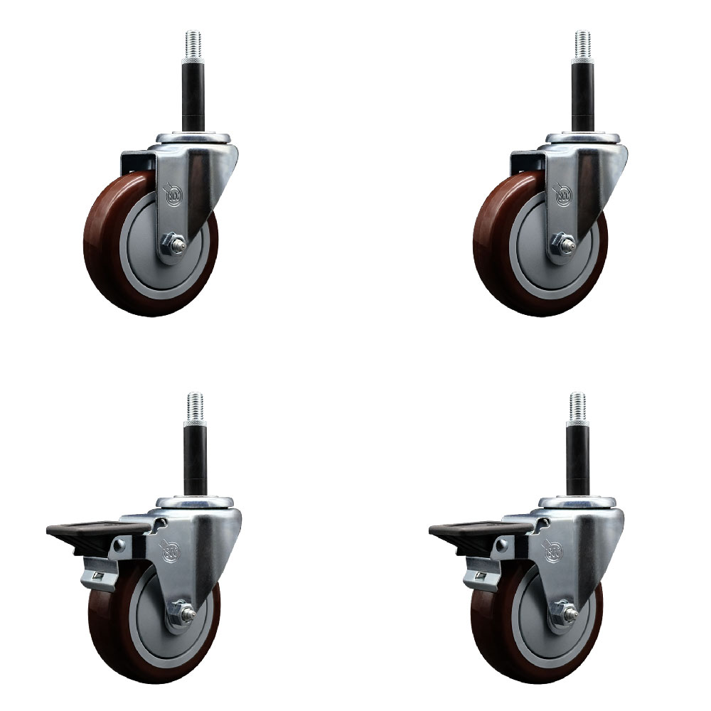 Polyurethane Swivel Expanding Stem Caster Set of 4 with 4 Inch Maroon Wheels and 3/4" Stems - Includes 2 with Posi Locking Brakes - 1400 lbs Total Capacity - Service Caster Brand — photo 1