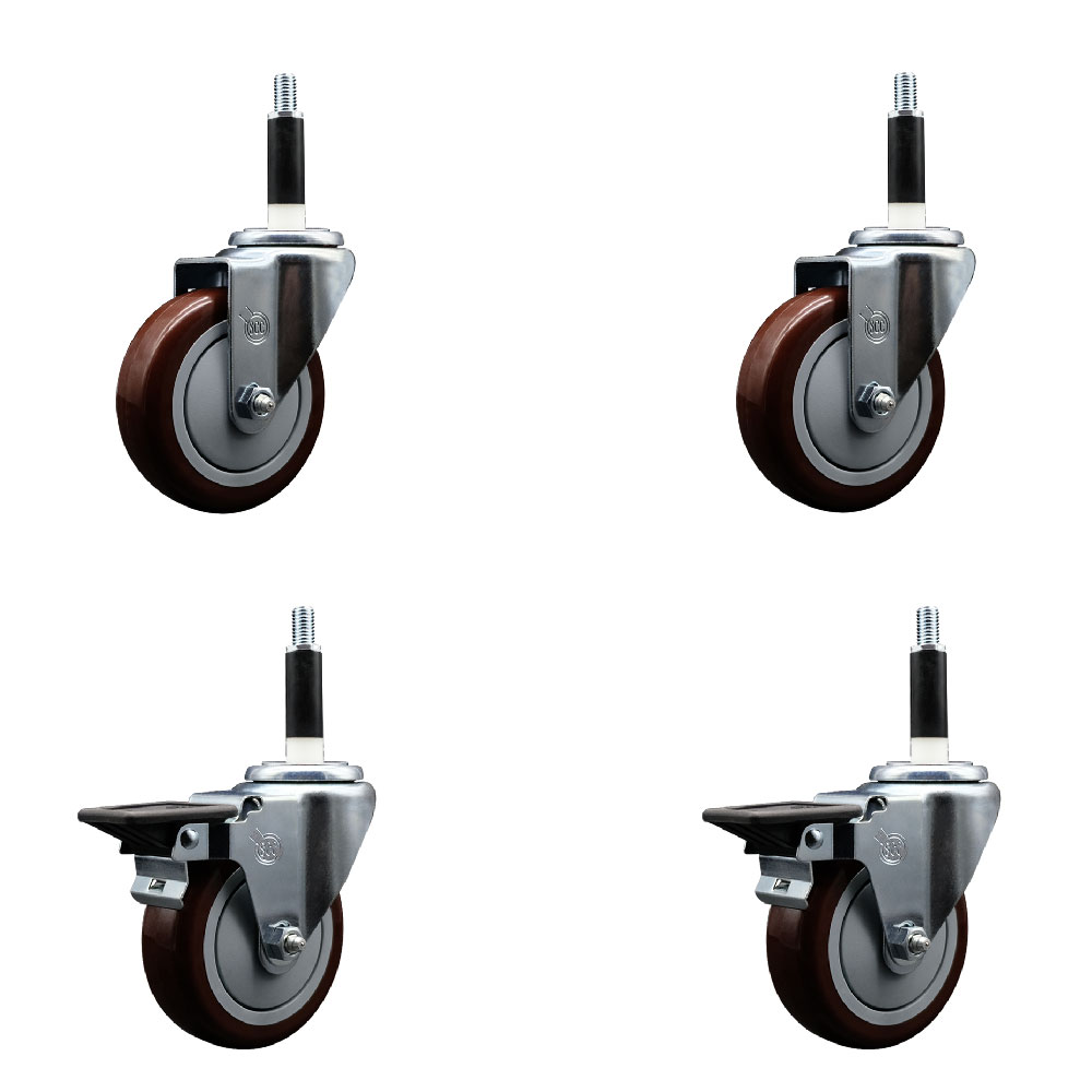 Polyurethane Swivel Expanding Stem Caster Set of 4 with 4 Inch Maroon Wheels and 7/8" Stems - Includes 2 with Posi Locking Brakes - 1400 lbs Total Capacity - Service Caster Brand — photo 1