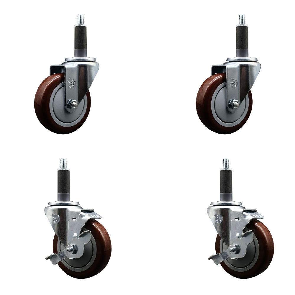 Stainless Steel Polyurethane Swivel Expanding Stem Caster Set of 4 with 4 Inch Maroon Wheels and 1" Stems - Includes 2 with Top Locking Brakes - 1400 lbs Total Capacity - Service Caster Brand — photo 1