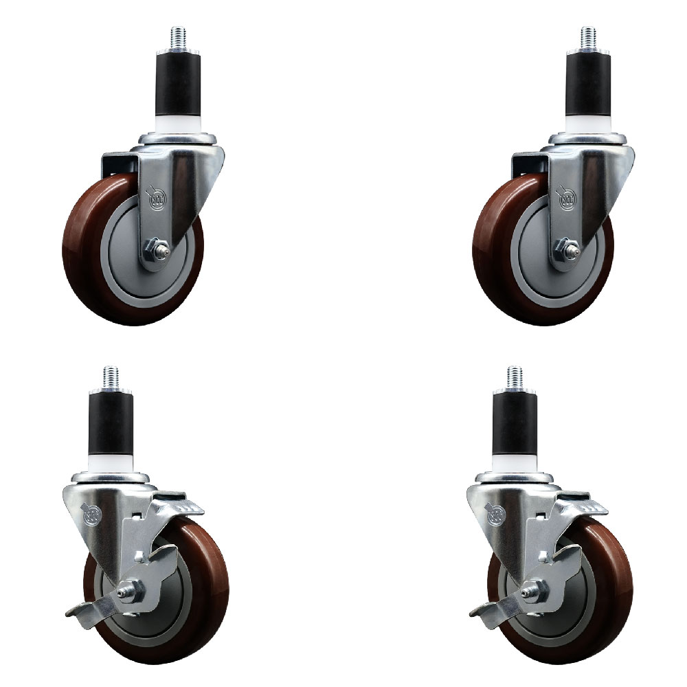 Stainless Steel Polyurethane Swivel Expanding Stem Caster Set of 4 with 4 Inch Maroon Wheels and 1-1/2" Stems - Includes 2 with Top Locking Brakes - 1400 lbs Total Capacity - Service Caster Brand — photo 1
