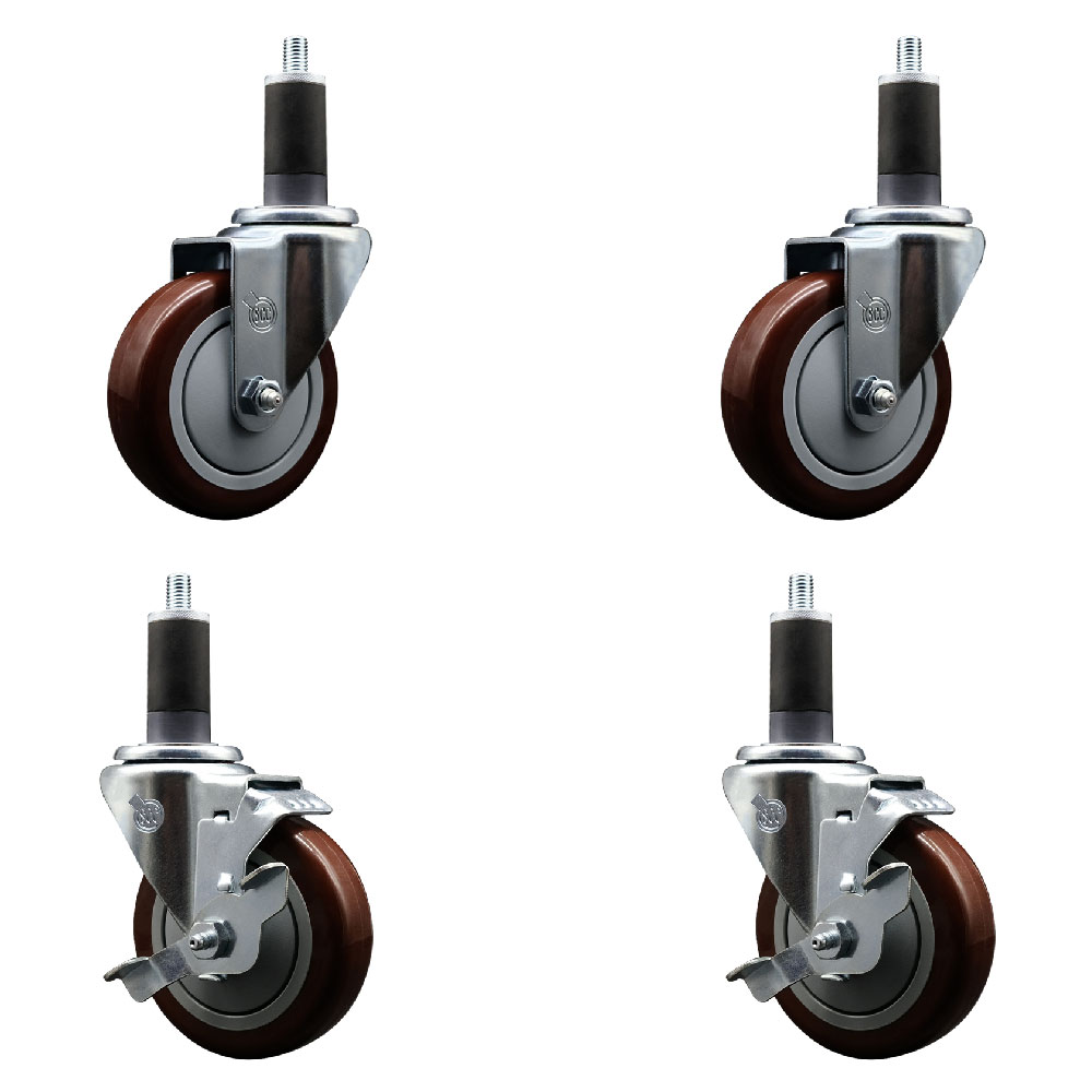 Polyurethane Swivel Expanding Stem Caster Set of 4 with 4 Inch Maroon Wheels and 1-1/4" Stems - Includes 2 with Top Locking Brakes - 1400 lbs Total Capacity - Service Caster Brand — photo 1