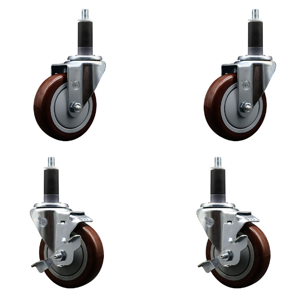 Polyurethane Swivel Expanding Stem Caster Set of 4 with 4 Inch Maroon Wheels and 1-1/8" Stems - Includes 2 with Top Locking Brakes - 1400 lbs Total Capacity - Service Caster Brand — photo 1