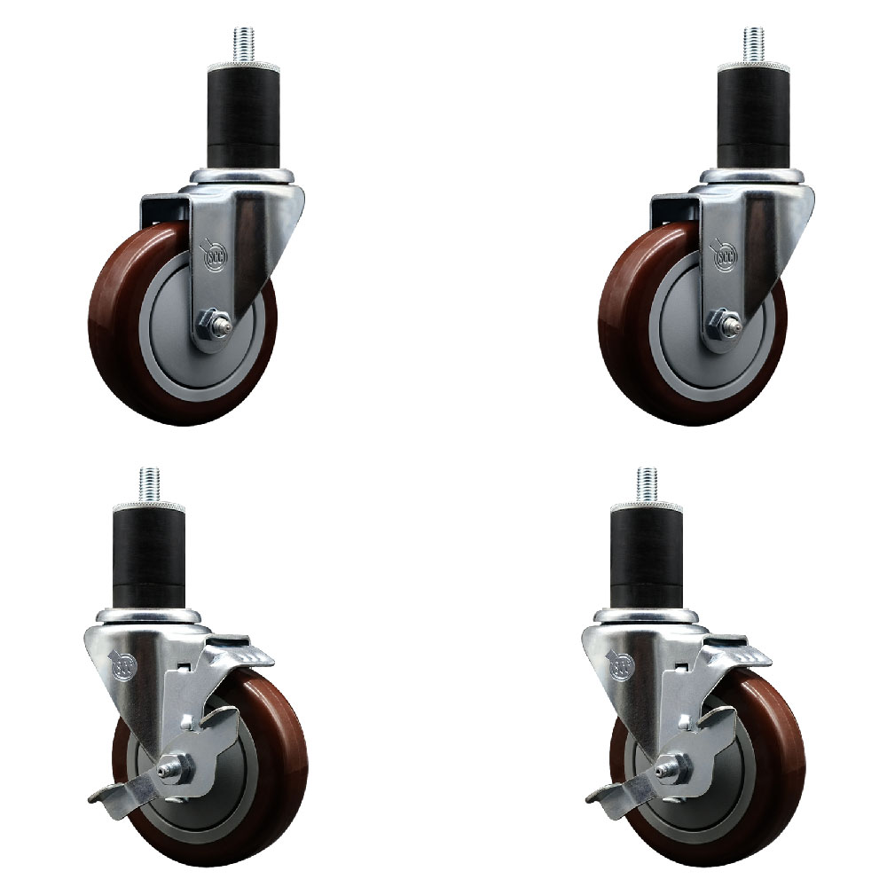 Stainless Steel Polyurethane Swivel Expanding Stem Caster Set of 4 with 4 Inch Maroon Wheels and 1-3/4" Stems - Includes 2 with Top Locking Brakes - 1400 lbs Total Capacity - Service Caster Brand — photo 1