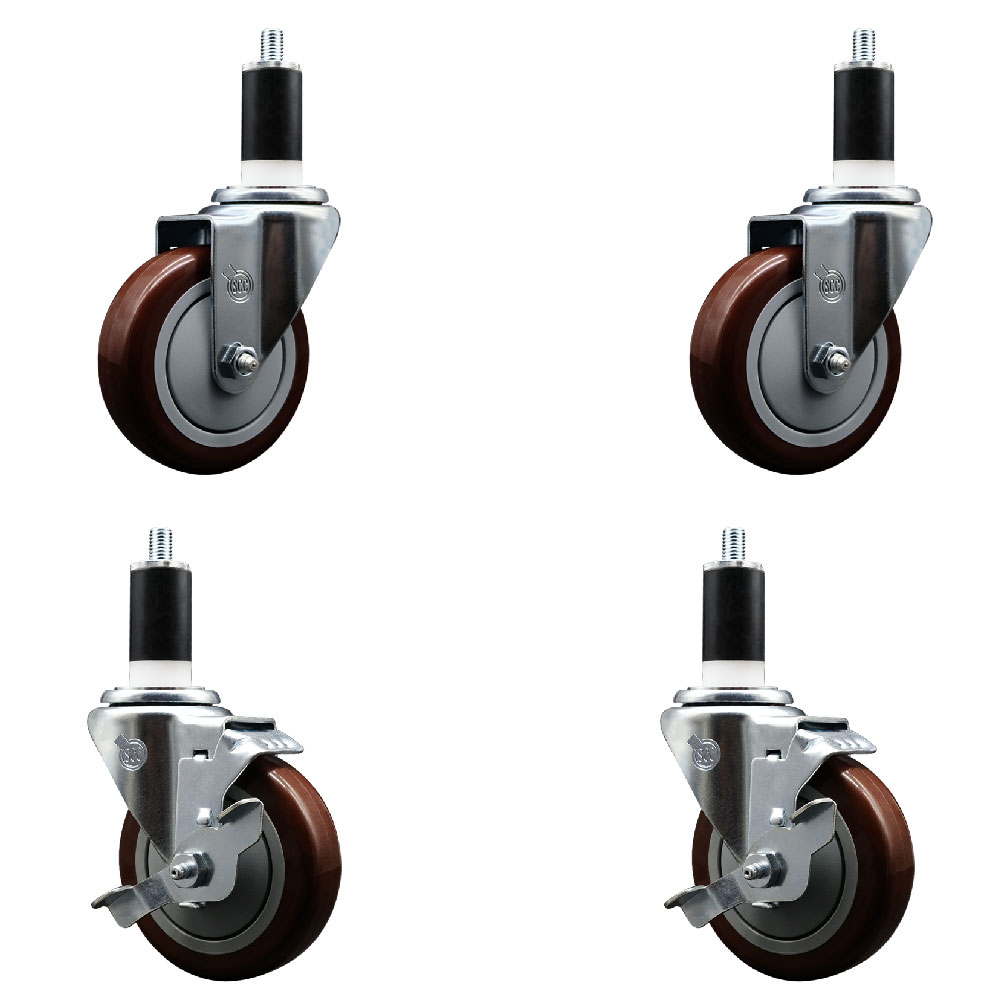 Stainless Steel Polyurethane Swivel Expanding Stem Caster Set of 4 with 4 Inch Maroon Wheels and 1-3/8" Stems - Includes 2 with Top Locking Brakes - 1400 lbs Total Capacity - Service Caster Brand — photo 1