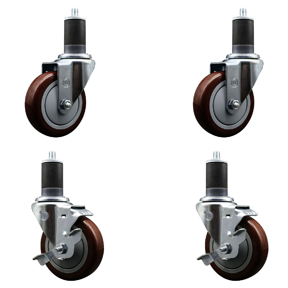 Stainless Steel Polyurethane Swivel Expanding Stem Caster Set of 4 with 4 Inch Maroon Wheels and 1-5/8" Stems - Includes 2 with Top Locking Brakes - 1400 lbs Total Capacity - Service Caster Brand — photo 1