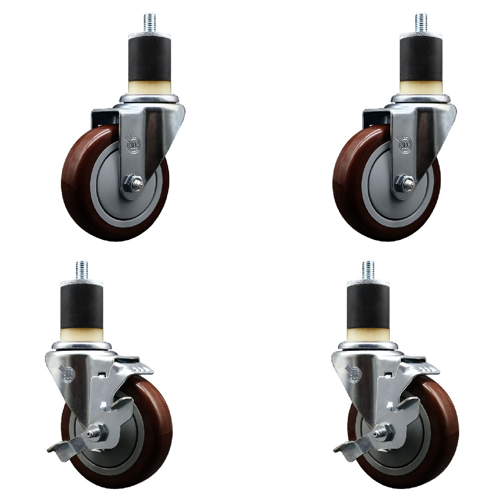 Polyurethane Swivel Expanding Stem Caster Set of 4 with 4 Inch Maroon Wheels and 1-7/8" Stems - Includes 2 with Top Locking Brakes - 1400 lbs Total Capacity - Service Caster Brand — photo 1