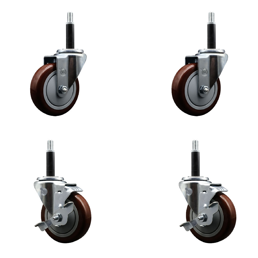 Polyurethane Swivel Expanding Stem Caster Set of 4 with 4 Inch Maroon Wheels and 3/4" Stems - Includes 2 with Top Locking Brakes - 1400 lbs Total Capacity - Service Caster Brand — photo 1