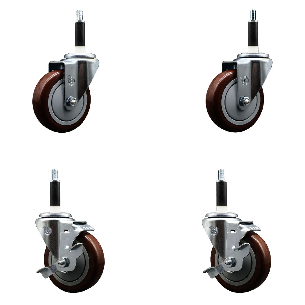 Polyurethane Swivel Expanding Stem Caster Set of 4 with 4 Inch Maroon Wheels and 7/8" Stems - Includes 2 with Top Locking Brakes - 1400 lbs Total Capacity - Service Caster Brand — photo 1