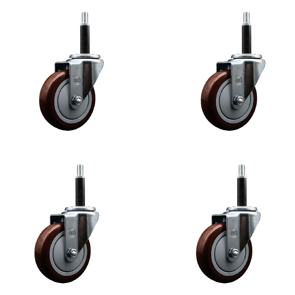 Stainless Steel Polyurethane Swivel Expanding Stem Caster Set of 4 with 4 Inch Maroon Wheels and 3/4" Stems - Includes 4 Swivel - 350 lbs. Capacity Per Caster - Service Caster Brand — photo 1