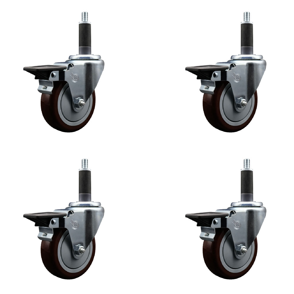 Polyurethane Swivel Expanding Stem Caster Set of 4 with 4 Inch Maroon Wheels and 1" Stems - Includes 4 Swivel with Posi Locking Brakes - 350 lbs. Capacity Per Caster - Service Caster Brand — photo 1