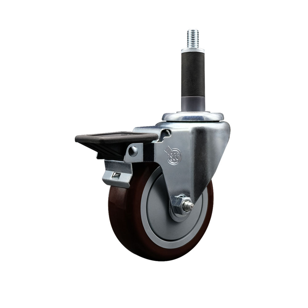 Polyurethane Expanding Stem Swivel Caster with 4 Inch Maroon Wheel and 1" Stem & Posi Locking Brake - 350 lbs. Capacity Per Caster - Service Caster Brand — photo 1