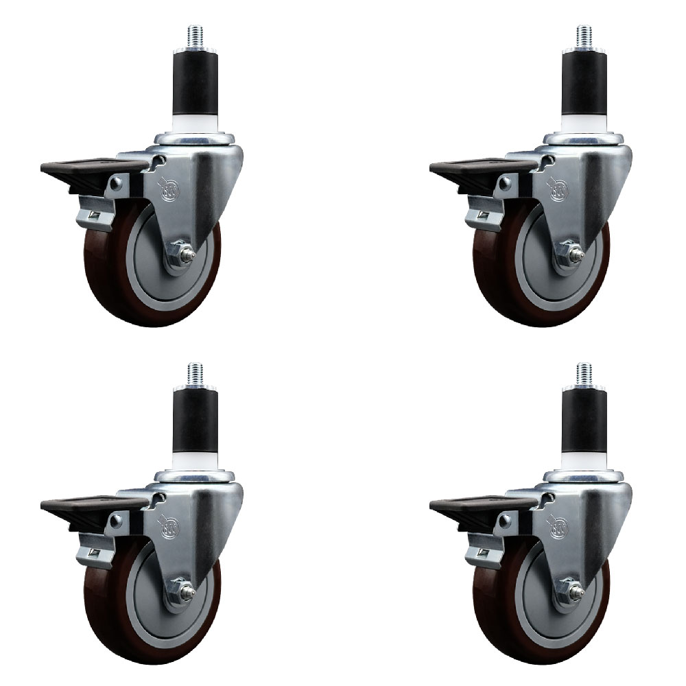 Polyurethane Swivel Expanding Stem Caster Set of 4 with 4 Inch Maroon Wheels and 1-1/2" Stems - Includes 4 Swivel with Posi Locking Brakes - 350 lbs. Capacity Per Caster - Service Caster Brand — photo 1
