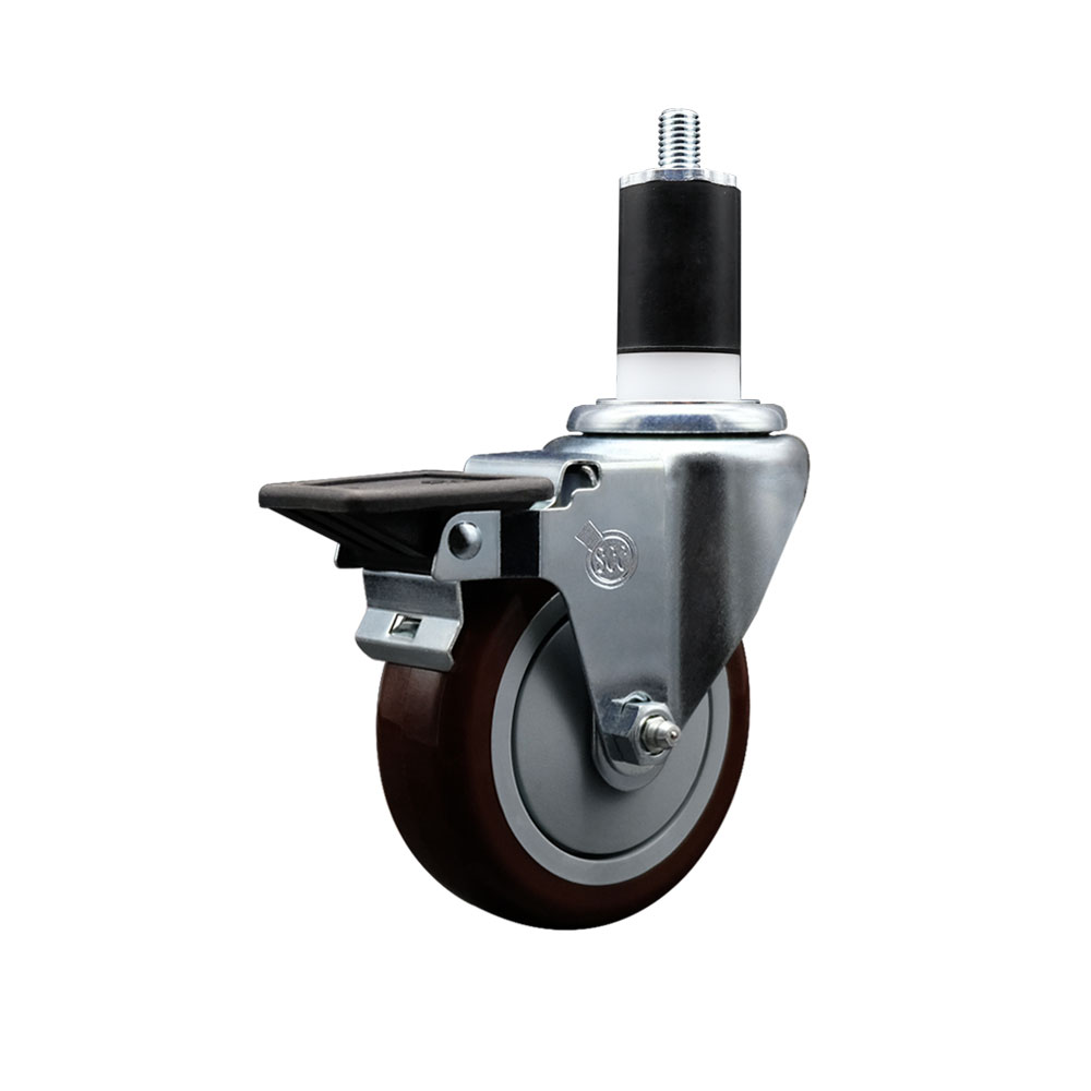 Polyurethane Expanding Stem Swivel Caster with 4 Inch Maroon Wheel and 1-1/2" Stem & Posi Locking Brake - 350 lbs. Capacity Per Caster - Service Caster Brand — photo 1