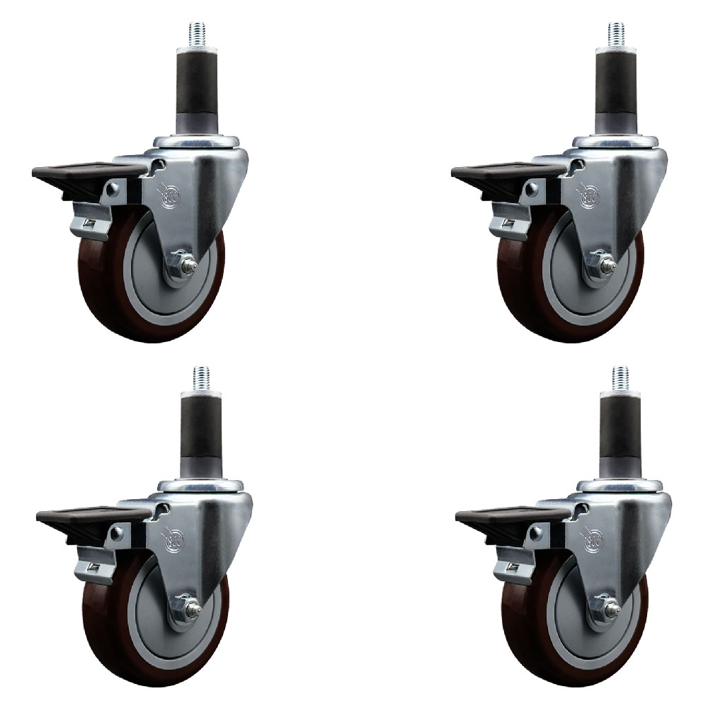 Polyurethane Swivel Expanding Stem Caster Set of 4 with 4 Inch Maroon Wheels and 1-1/4" Stems - Includes 4 Swivel with Posi Locking Brakes - 350 lbs. Capacity Per Caster - Service Caster Brand — photo 1
