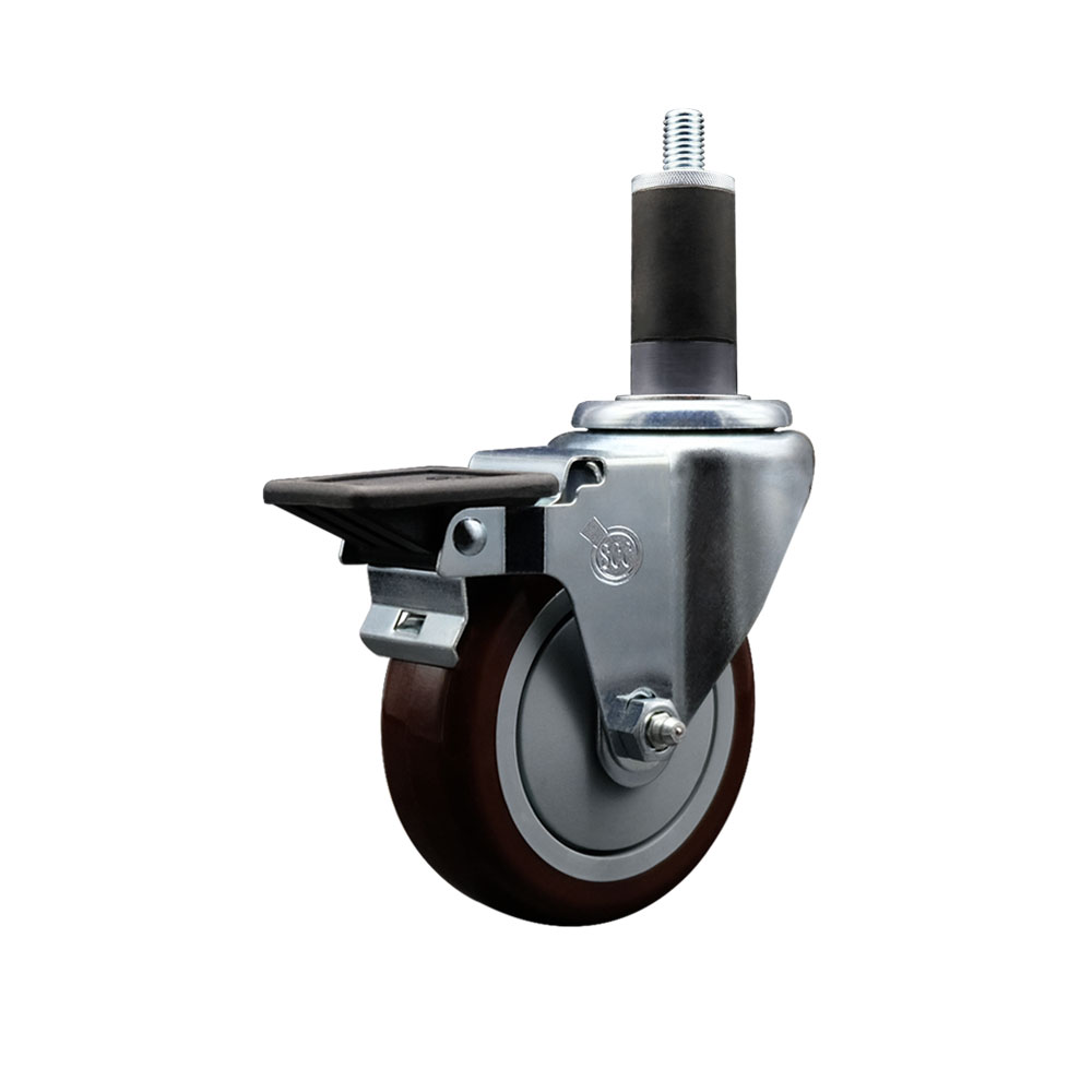 Polyurethane Expanding Stem Swivel Caster with 4 Inch Maroon Wheel and 1-1/4" Stem & Posi Locking Brake - 350 lbs. Capacity Per Caster - Service Caster Brand — photo 1
