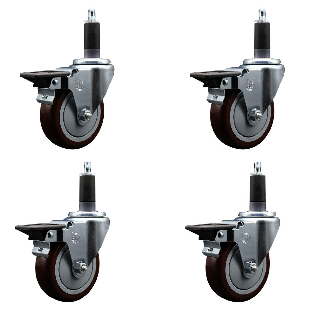Polyurethane Swivel Expanding Stem Caster Set of 4 with 4 Inch Maroon Wheels and 1-1/8" Stems - Includes 4 Swivel with Posi Locking Brakes - 350 lbs. Capacity Per Caster - Service Caster Brand — photo 1