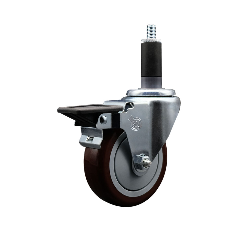 Polyurethane Expanding Stem Swivel Caster with 4 Inch Maroon Wheel and 1-1/8" Stem & Posi Locking Brake - 350 lbs. Capacity Per Caster - Service Caster Brand — photo 1
