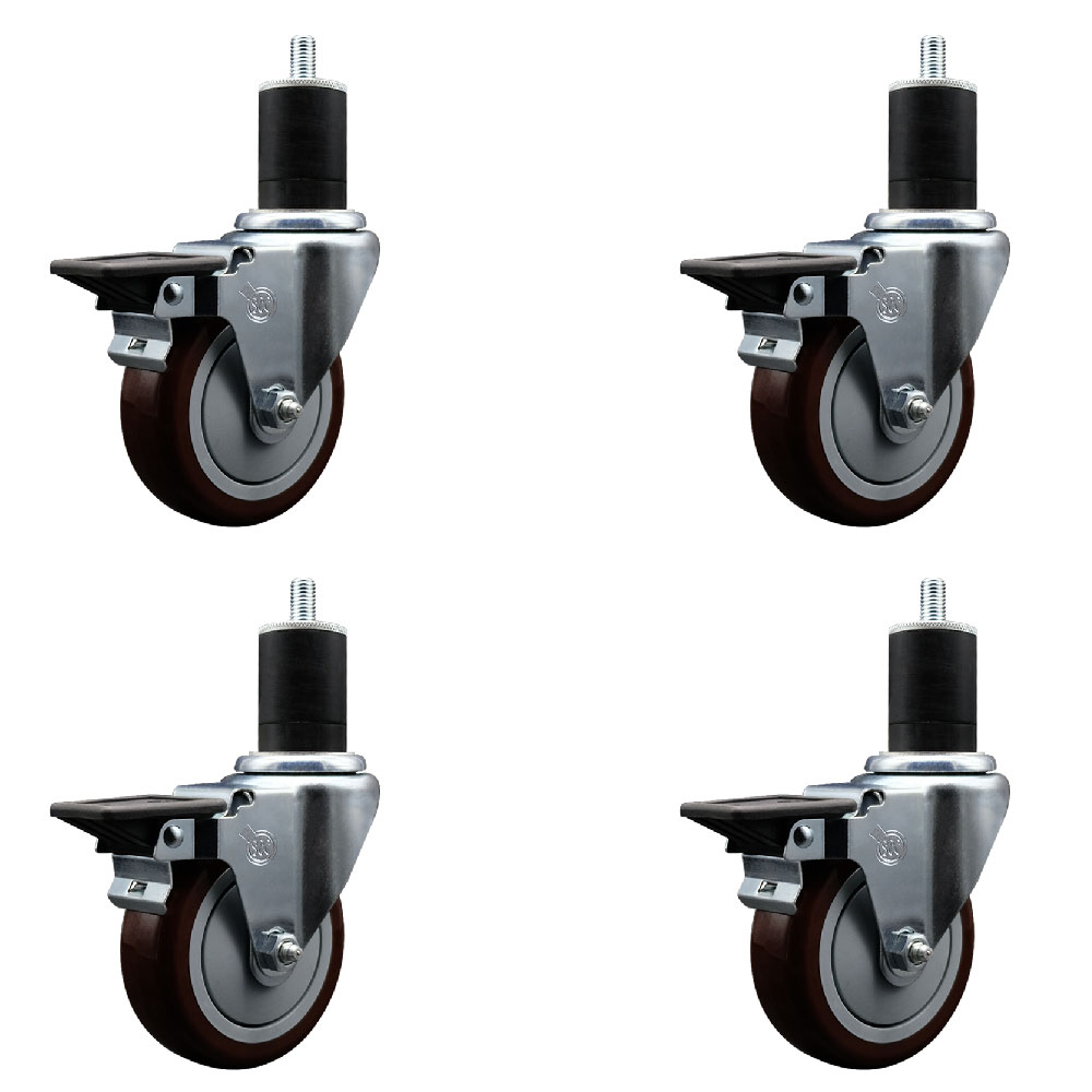 Polyurethane Swivel Expanding Stem Caster Set of 4 with 4 Inch Maroon Wheels and 1-3/4" Stems - Includes 4 Swivel with Posi Locking Brakes - 350 lbs. Capacity Per Caster - Service Caster Brand — photo 1