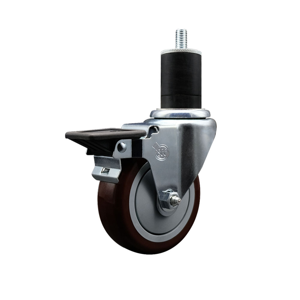Polyurethane Expanding Stem Swivel Caster with 4 Inch Maroon Wheel and 1-3/4" Stem & Posi Locking Brake - 350 lbs. Capacity Per Caster - Service Caster Brand — photo 1