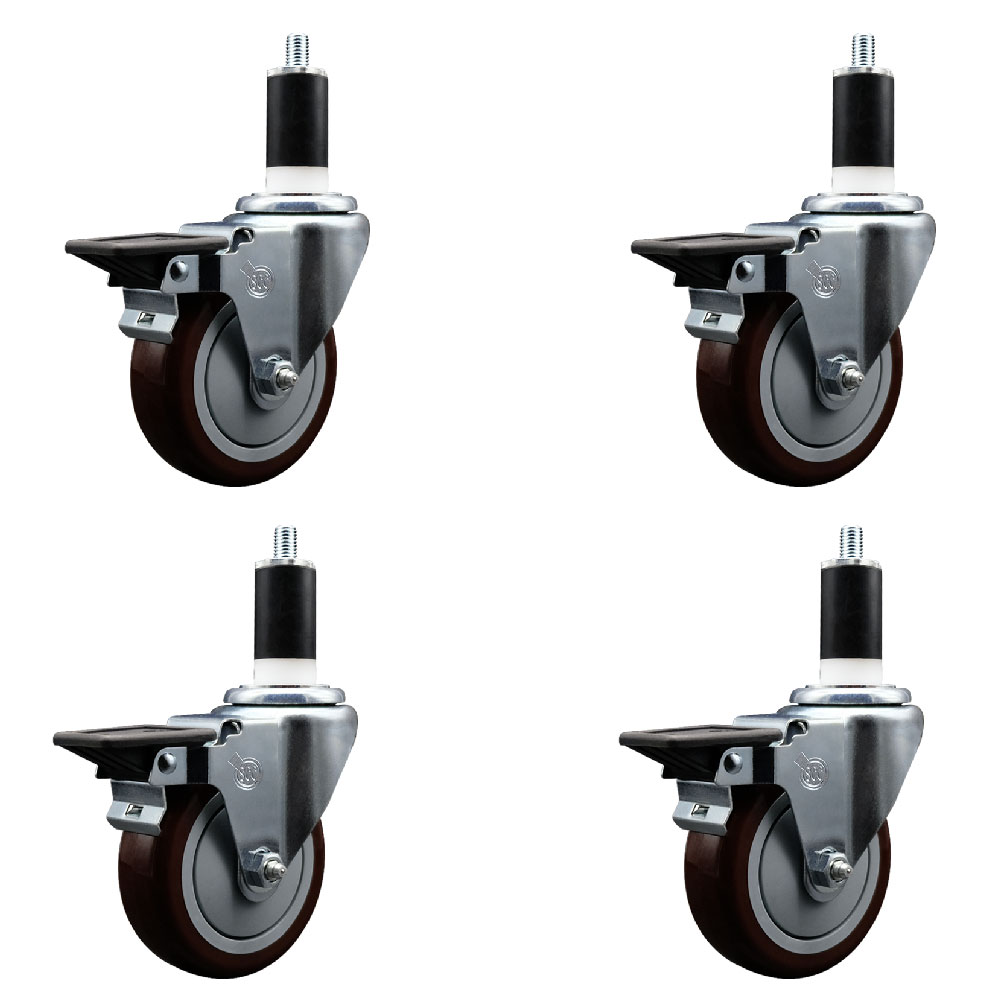 Polyurethane Swivel Expanding Stem Caster Set of 4 with 4 Inch Maroon Wheels and 1-3/8" Stems - Includes 4 Swivel with Posi Locking Brakes - 350 lbs. Capacity Per Caster - Service Caster Brand — photo 1
