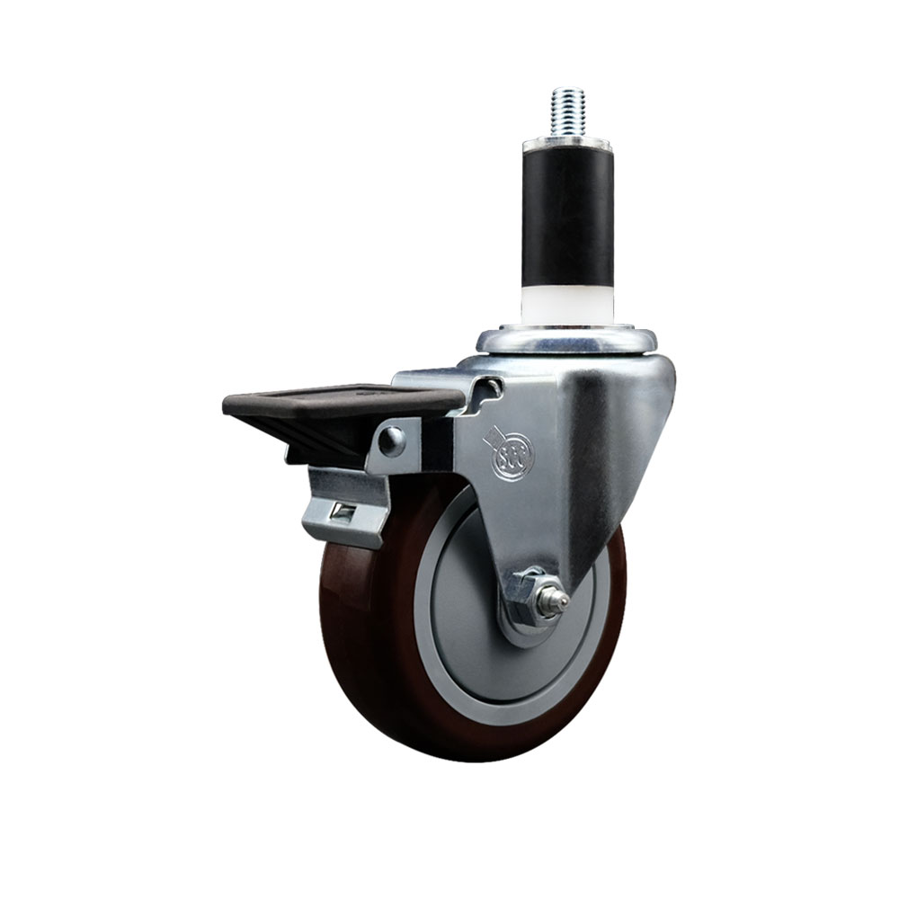 Polyurethane Expanding Stem Swivel Caster with 4 Inch Maroon Wheel and 1-3/8" Stem & Posi Locking Brake - 350 lbs. Capacity Per Caster - Service Caster Brand — photo 1