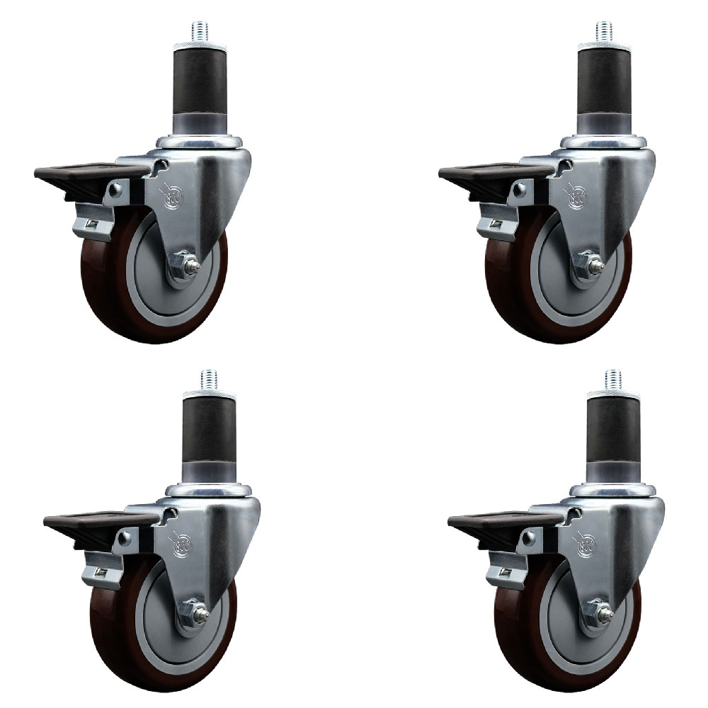 Polyurethane Swivel Expanding Stem Caster Set of 4 with 4 Inch Maroon Wheels and 1-5/8" Stems - Includes 4 Swivel with Posi Locking Brakes - 350 lbs. Capacity Per Caster - Service Caster Brand — photo 1