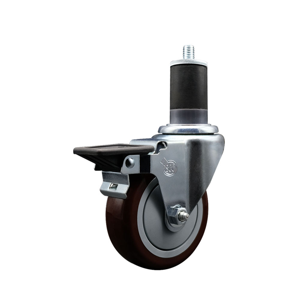 Polyurethane Expanding Stem Swivel Caster with 4 Inch Maroon Wheel and 1-5/8" Stem & Posi Locking Brake - 350 lbs. Capacity Per Caster - Service Caster Brand — photo 1