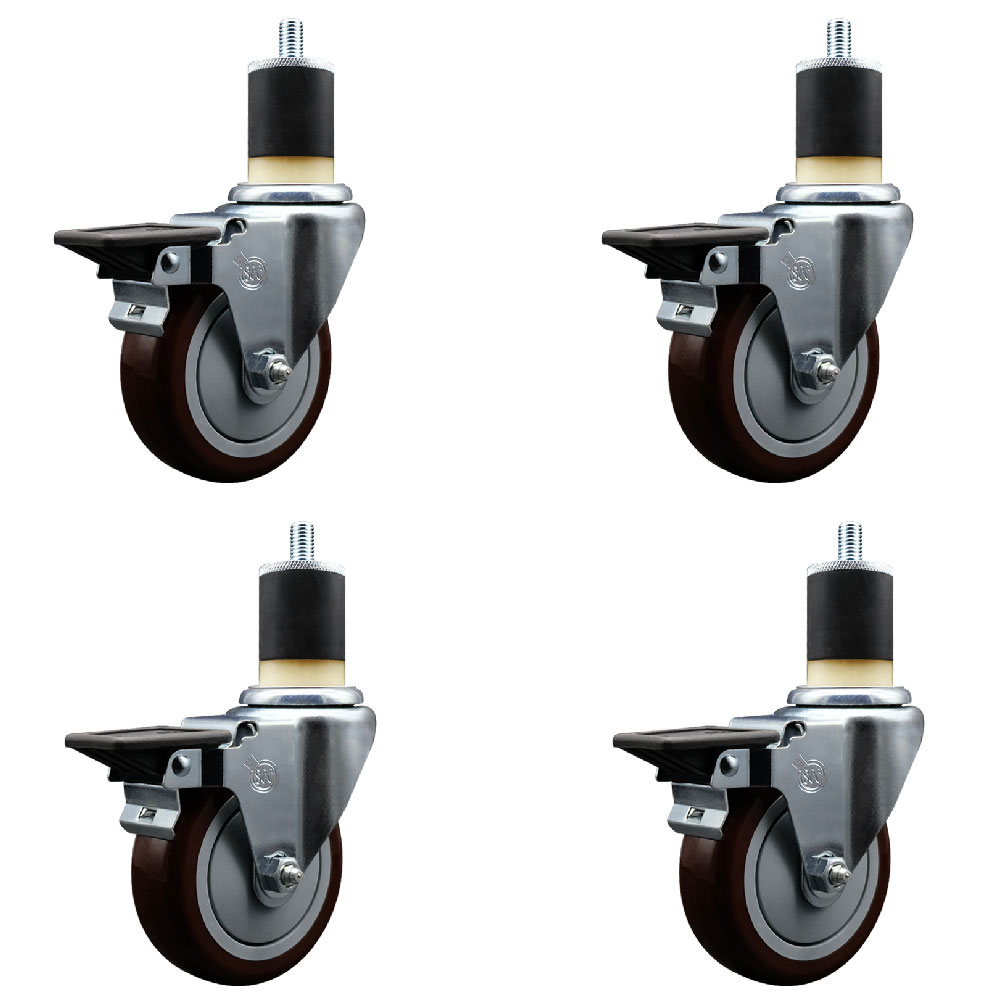 Polyurethane Swivel Expanding Stem Caster Set of 4 with 4 Inch Maroon Wheels and 1-7/8" Stems - Includes 4 Swivel with Posi Locking Brakes - 350 lbs. Capacity Per Caster - Service Caster Brand — photo 1