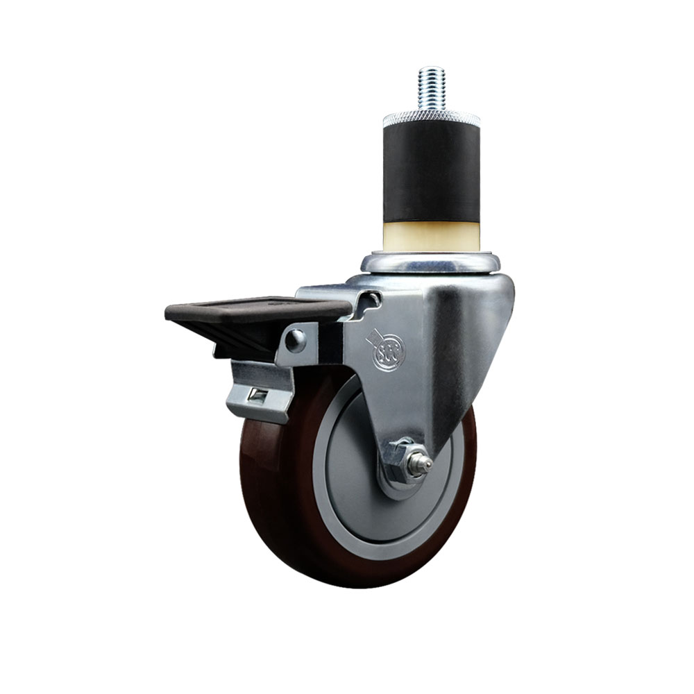 Polyurethane Expanding Stem Swivel Caster with 4 Inch Maroon Wheel and 1-7/8" Stem & Posi Locking Brake - 350 lbs. Capacity Per Caster - Service Caster Brand — photo 1
