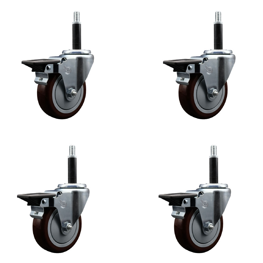 Polyurethane Swivel Expanding Stem Caster Set of 4 with 4 Inch Maroon Wheels and 3/4" Stems - Includes 4 Swivel with Posi Locking Brakes - 350 lbs. Capacity Per Caster - Service Caster Brand — photo 1