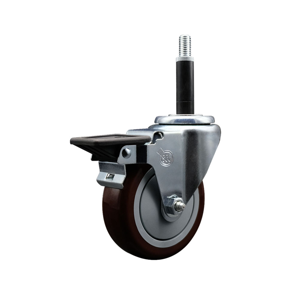 Polyurethane Expanding Stem Swivel Caster with 4 Inch Maroon Wheel and 3/4" Stem & Posi Locking Brake - 350 lbs. Capacity Per Caster - Service Caster Brand — photo 1