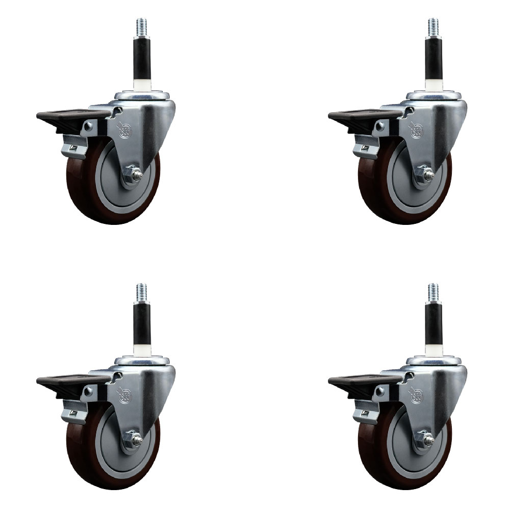Polyurethane Swivel Expanding Stem Caster Set of 4 with 4 Inch Maroon Wheels and 7/8" Stems - Includes 4 Swivel with Posi Locking Brakes - 350 lbs. Capacity Per Caster - Service Caster Brand — photo 1