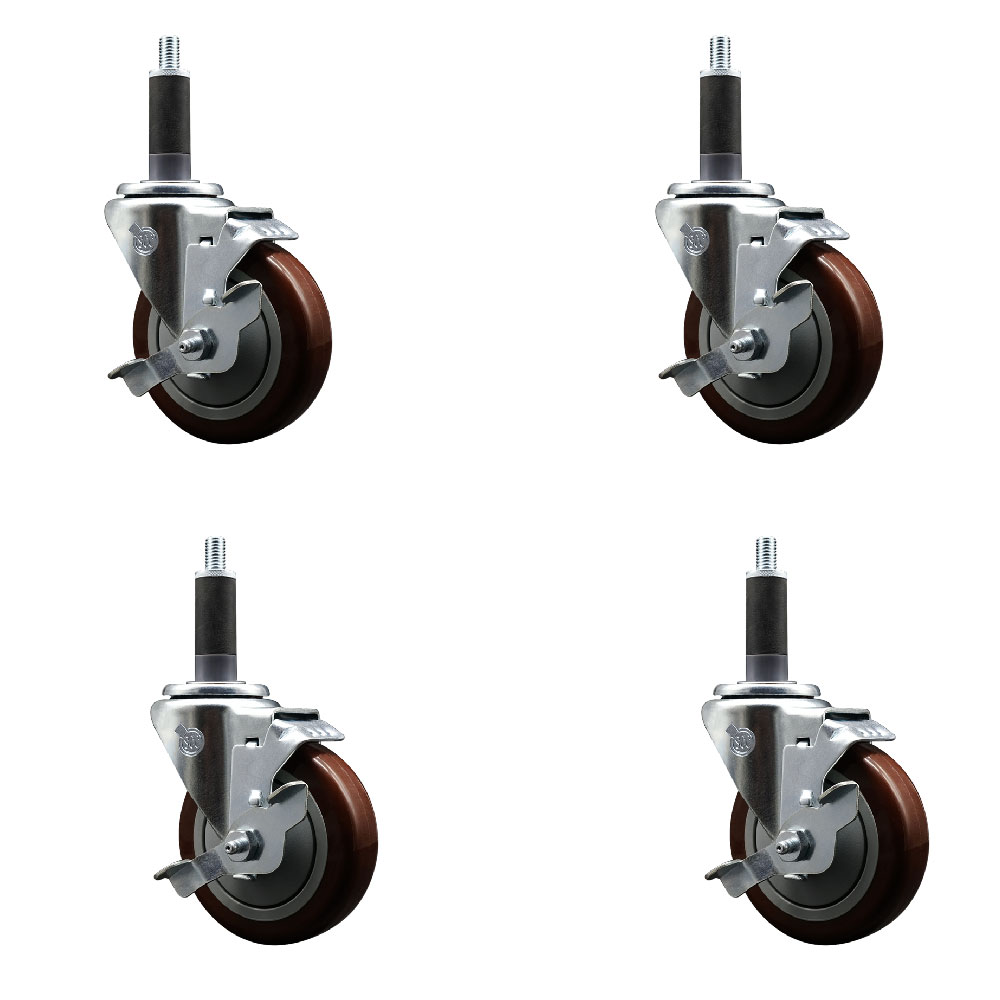 Polyurethane Swivel Expanding Stem Caster Set of 4 with 4 Inch Maroon Wheels and 1" Stems - Includes 4 Swivel with Top Locking Brakes - 350 lbs. Capacity Per Caster - Service Caster Brand — photo 1