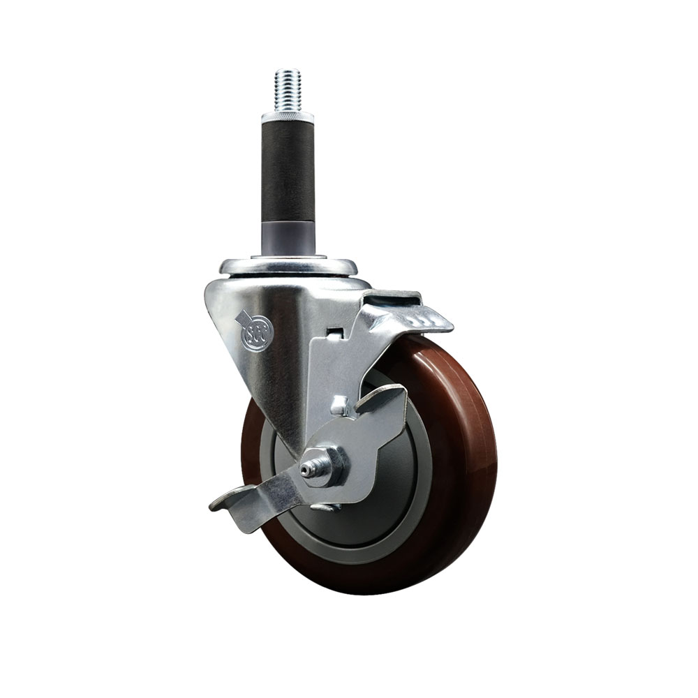 Polyurethane Expanding Stem Swivel Caster with 4 Inch Maroon Wheel and 1" Stem & Top Locking Brake - 350 lbs. Capacity Per Caster - Service Caster Brand — photo 1