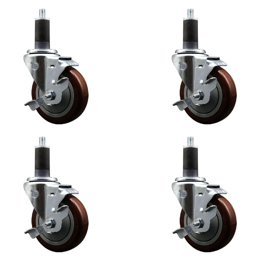 Stainless Steel Polyurethane Swivel Expanding Stem Caster Set of 4 with 4 Inch Maroon Wheels and 1-1/4" Stems - 4 Swivel with Top Locking Brakes - 350 lbs. Capacity Per Caster - Service Caster Brand — photo 1